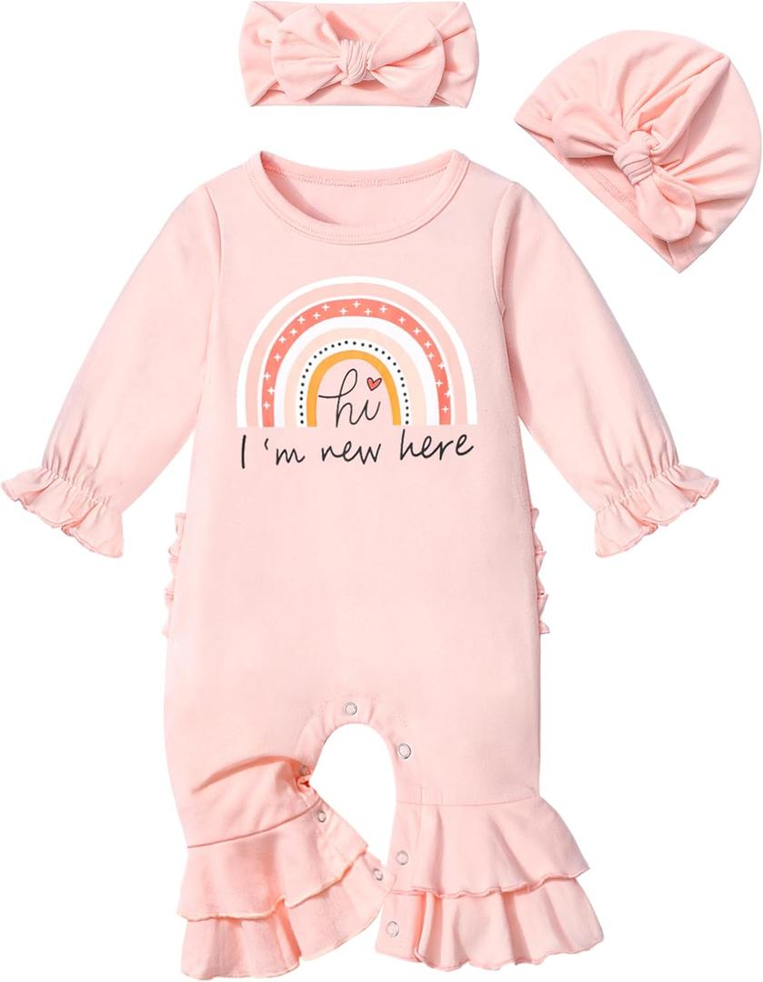 KANGKANG Newborn Girl Clothes Onesie for Baby Girl Ruffle Romper Boho Infant Bell Bottom Jumpsuit with Headband Hat (Pink & Rainbow)