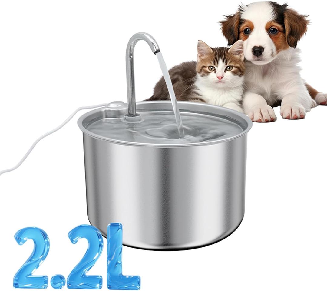 Stainless Steel Cat Water Fountain, 74oz/2.2L Automatic Pet Fountain with Replacement Filters andComes with 2 Replacement Water outlets, Silver (Silver + 3 Filters + 3 Pump Sponges, 74oz)