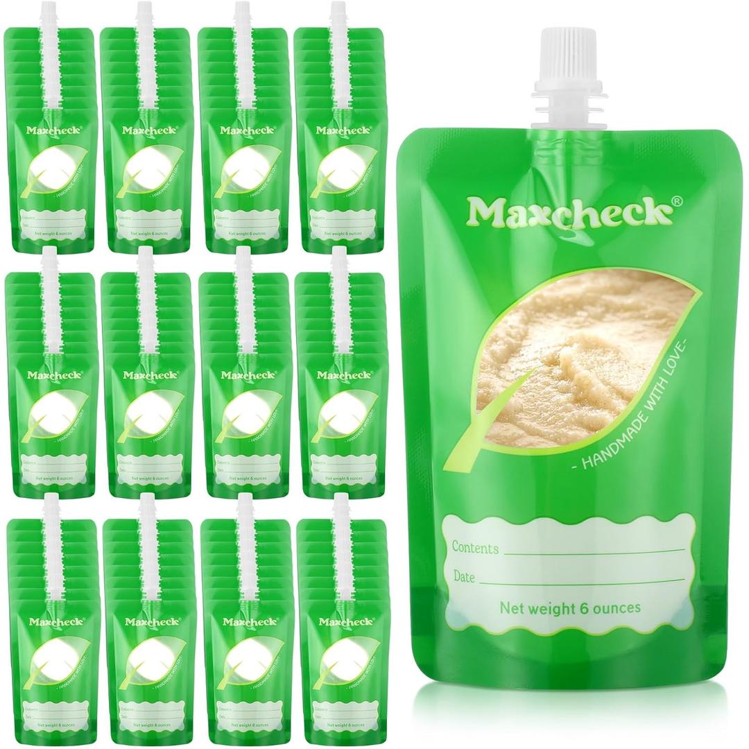 Maxcheck 100 Pack Disposable Baby Food Pouches 6oz Baby Food Storage Containers Plastic Fresh Squeezed Pouches for Kids Toddler Freezer Safe Pouch Holder for Applesauce, Purees and Yogurts