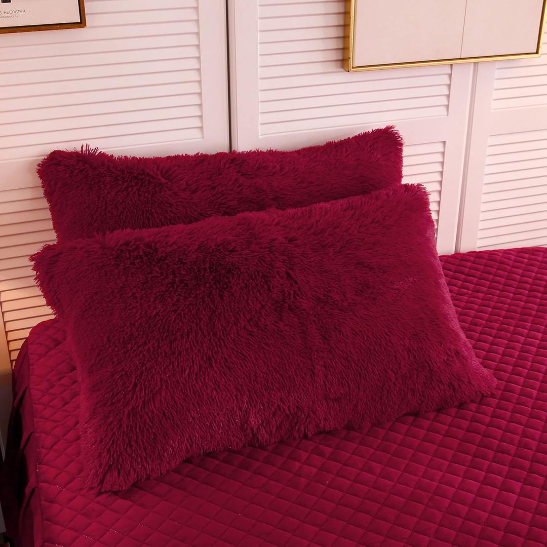 LIFEREVO 2 Pack Luxury Faux Fur Pillow Shams, Shaggy Plush Pillow Cases Christmas Pillowcases Decorative Soft Furry Pillow Covers with Zipper Closure for Home Bedroom, Standard Size(Burgundy,20"x26")