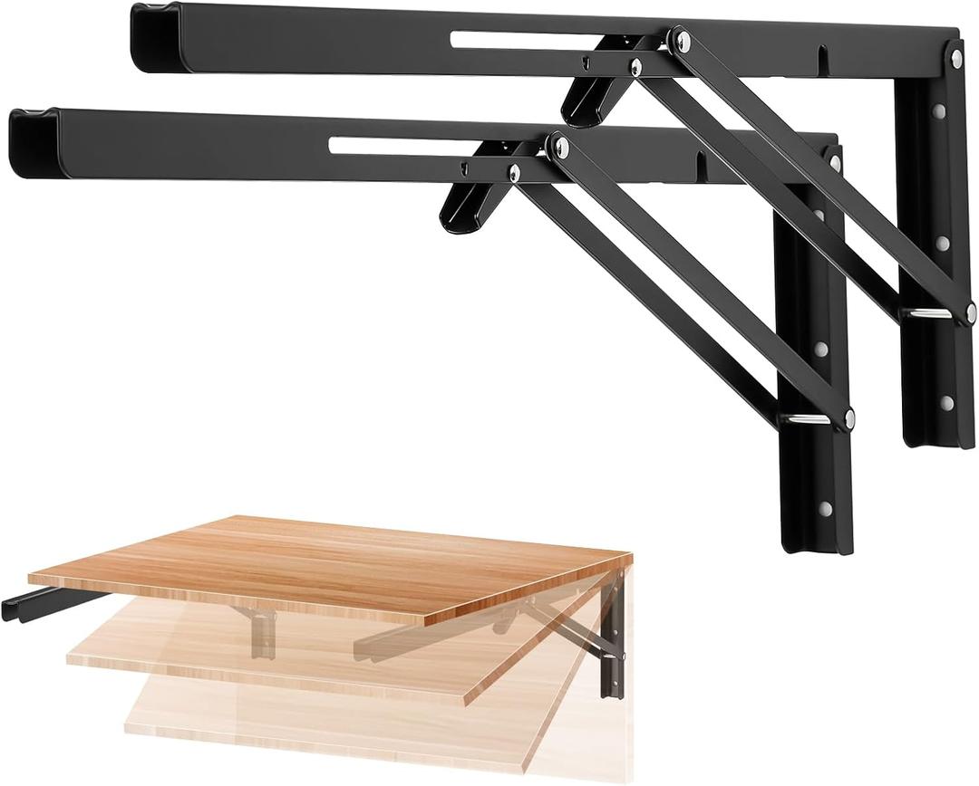 Ravinte 20 Inch Folding Shelf Brackets - Matte Black Collapsible Heavy Duty Brackets for Table Bench - Space Saving, 2 Pack