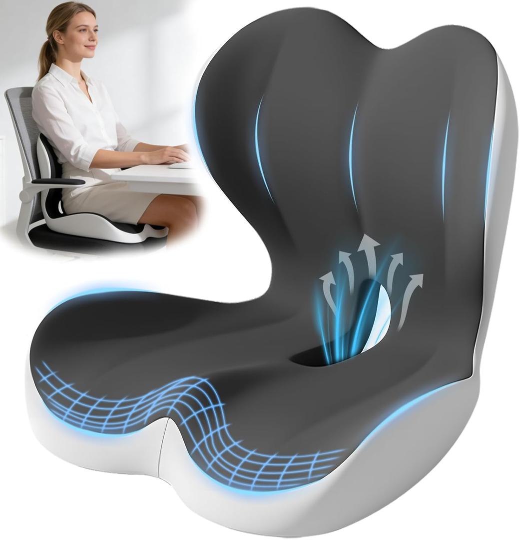 Office Chair Seat Cushion with Back Lumbar Support, Ergonomic Memory Foam | Integrated L-Shaped Backrest and Coccyx Cutout with Non-Slip Base for Car Seats, Wheelchairs and Long Sitting Comfort