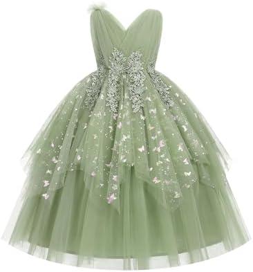 IDOPIP Flower Girl Sequin Butterfly Dress for Kids Wedding Pageant Party Long Gown Princess Birthday Handkerchief Tulle Dress, 7/8Y
