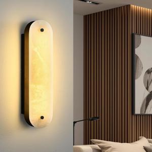 18.9" Oval Alabaster Wall Sconce Natural Spanish Marble with Black Metal Frame Bathroom Sconce Lights Dimmable LED Wall Lamps for Bedroom Living Room Hallway Stairs, 18.9in -1 Pack