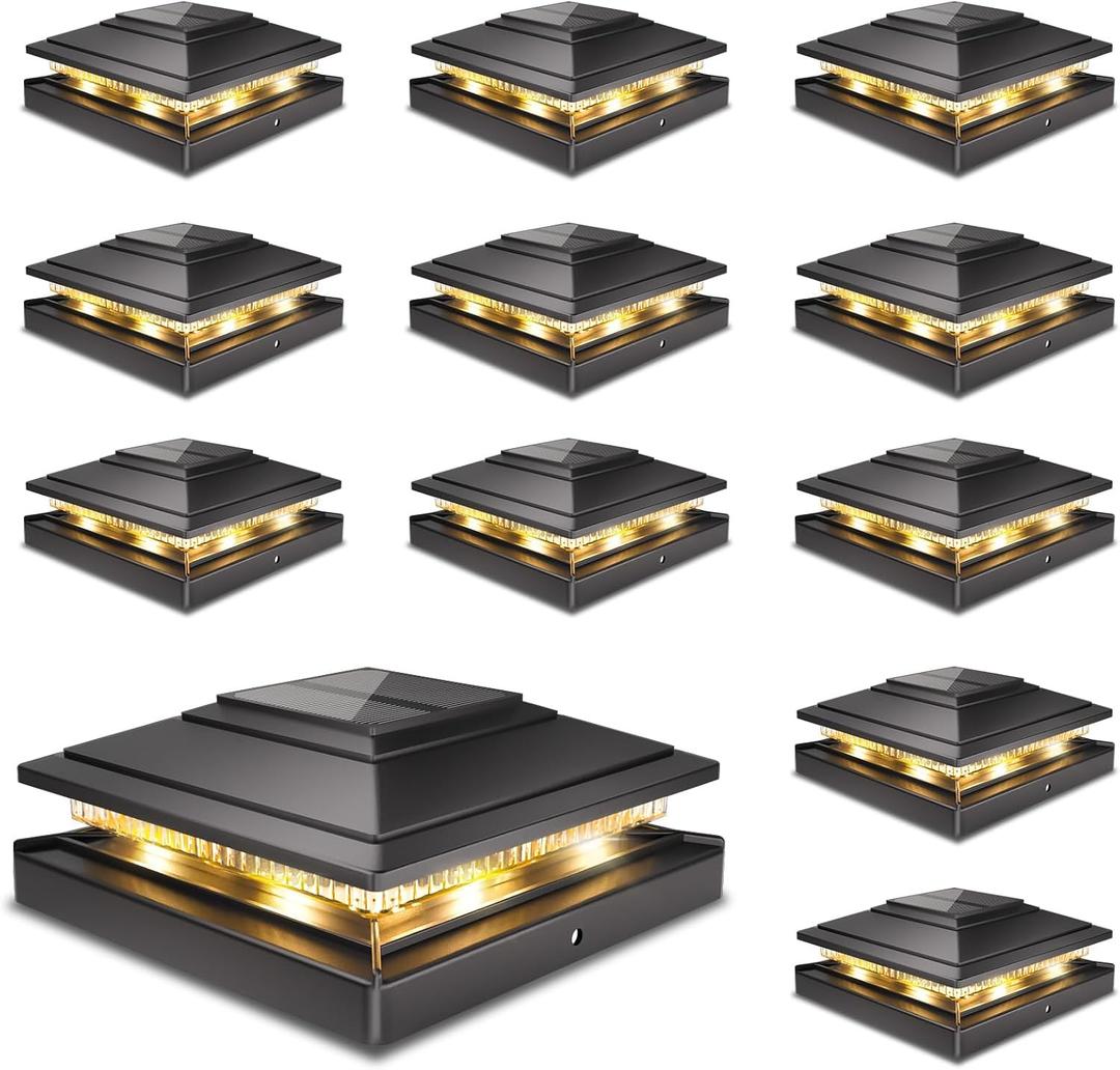 Solar Post Cap Lights Outdoor 12pack, Waterproof Fence Post Lights for 4x4 5x5 6x6 Wood/Vinyl Posts, Black Solar Deck Post Lights with 2 Color Modes Decorate Garden Patio Porch Backyard