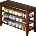 Entryway Shoe Storage Bench with Leather Cushion, Shoe Organizer Bench for Entryway, Ideal for Hallways Front Doors Entrances Mudrooms Featuring Rubberwood And 3 Height-Adjustable and Removable Shelve, 31.5", Walnut-Leather Cushion
