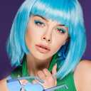 Wig and Sunglasses 12 Inch Short Bob Wigs with Bangs for Women Costume Cosplay Party (Light Blue)