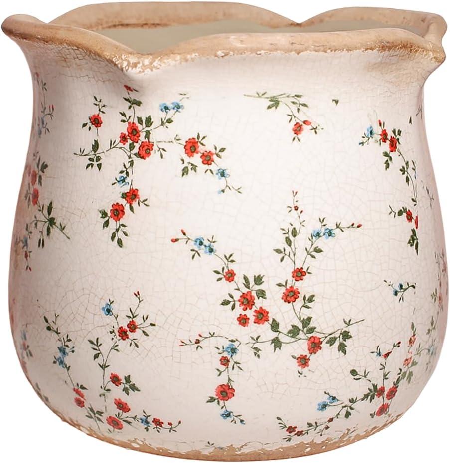 Ceramic Pots for Plants, Vintage Plant Pot with Drainage Hole, 6.11in. Planter for Indoor Plants, Crackle Glaze Finish Flower Pot, Perfect Tuscan Ceramic Planter for Gardening, Small Red Blooms