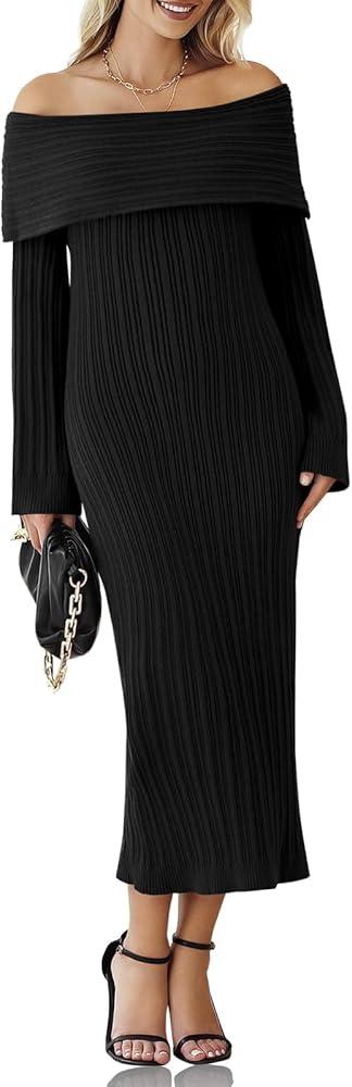 Saodimallsu Womens Off The Shoulder Sweater Dress Long Sleeve Bodycon Ribbed Knit Cocktail Party Formal Midi Dresses, Size XL