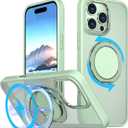 MAXCURY 360 Ring Stand Magnetic for iPhone 16 Pro Max Case, [Anti-Fingerprint] [Military Drop Protection] [Compatible with MagSafe] Soft Edge Translucent Slim Back 16 ProMax Phone Case (Green)