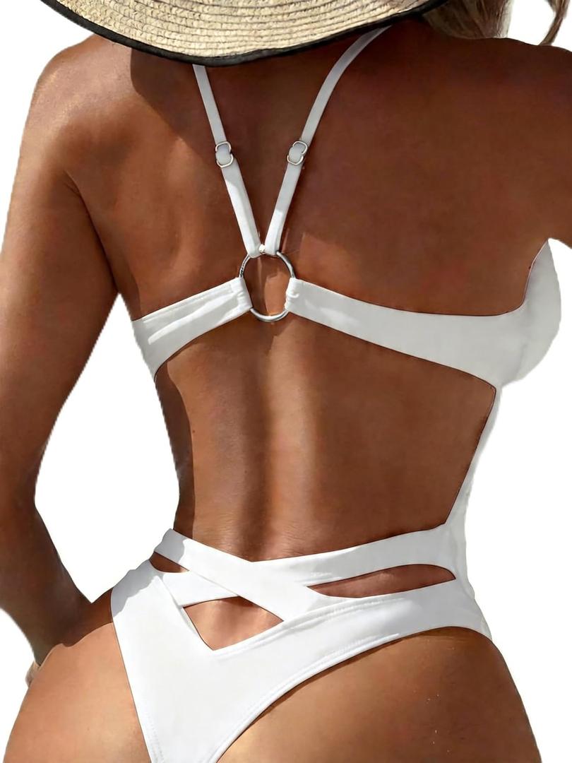 Sexy Backless High Cut One Piece Swimsuit for Women Deep V Neck Thong Bottom Open Back Bathing Suit, M