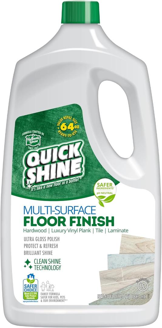 Quick Shine Multi Surface Floor Finish 64oz | Cleaner & Polish to use on Hardwood, Laminate, Luxury Vinyl Plank LVT, Tile & Stone | Safer Choice w/Clean Shine Technology | Shine-Protect-Refresh (64 Fl Oz (Pack of 1))