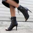 UTIKLIOU Womens Mesh Sandals Peep Toe High Top Sandals Lace Up Summer Boots Buckle Strap Dance Party Sexy Pump Shoes Open toe (Black Size 6.5)