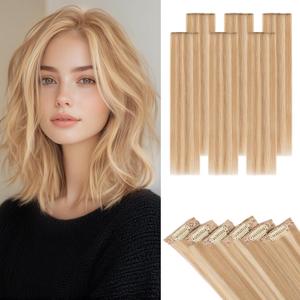 Short Hair Extensions Clip ins,S-noilite Short Clip in Hair Extensions Real Human Hair,Mini Hairpieces for Add Volume and Highlights,6 Pieces 31g 10 inch Golden Brown Mixed Bleach Blonde