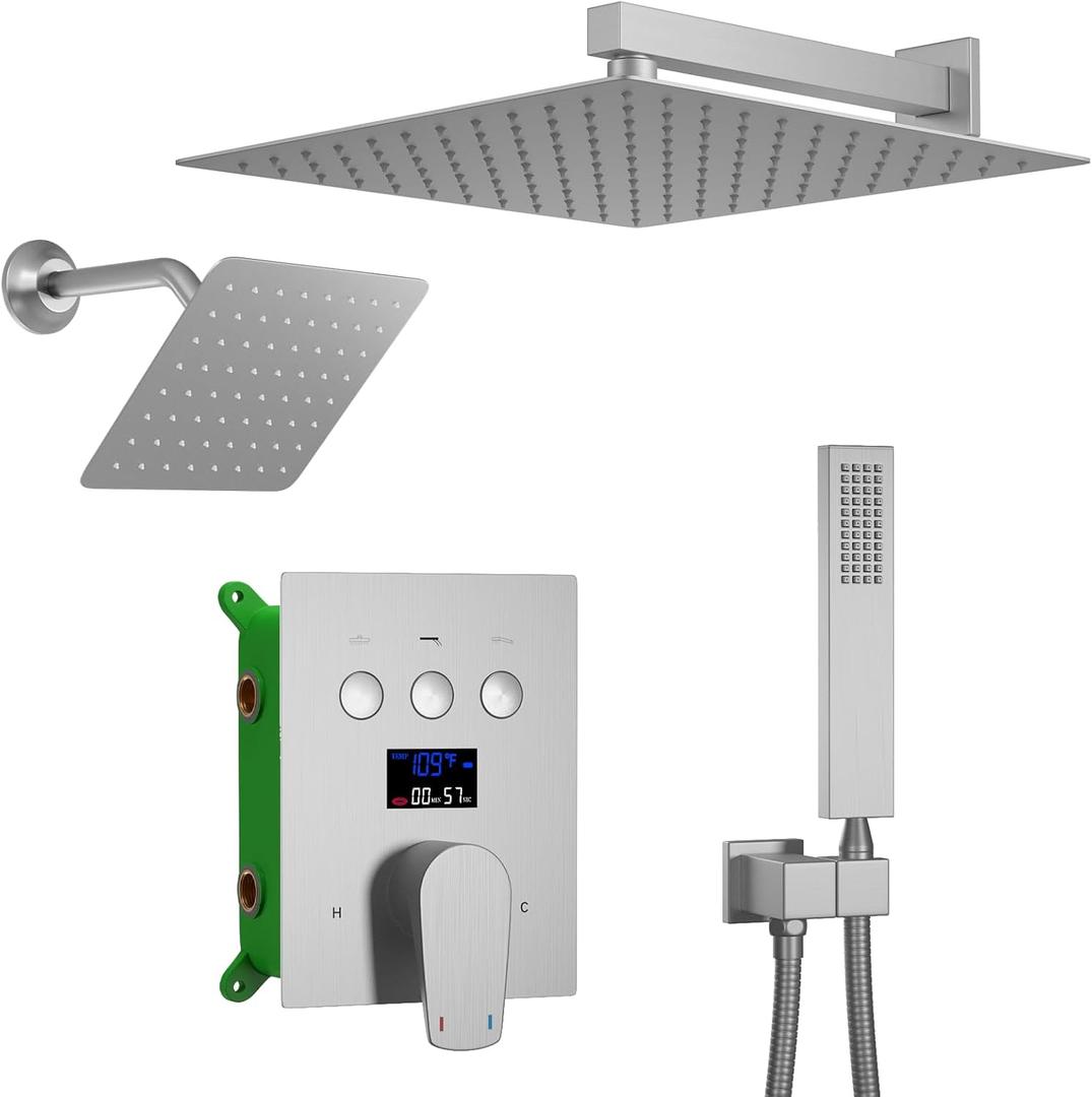 Dual Rain Head Shower System Brushed Nickel Shower Faucet Set with Wall Mount 12 & 8 inch Two Full Body Shower Heads, Handheld Spray, 3 Function Water Temperature Display Shower Fixtures