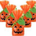 Resurhang 50 Set Halloween Cellophane Pumpkin Treat Bags with Felt Leaves and Twist Ties, Plastic Pumpkin Smile Goodies Gift Bags for Candy Bakery Popcorn Cookies Dessert Halloween Fall Party