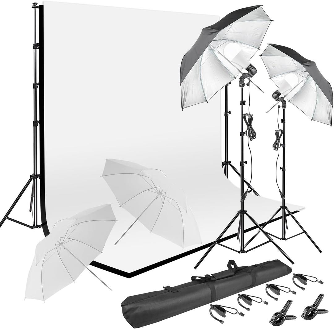 Photography Umbrella Lighting Kit With 85w Led bulb,Muslin Backdrop (White Black), Backdrop, Clips Clamp,8.5*10ft Photo Background Photography Stand System for Photo Video Studio Shooting