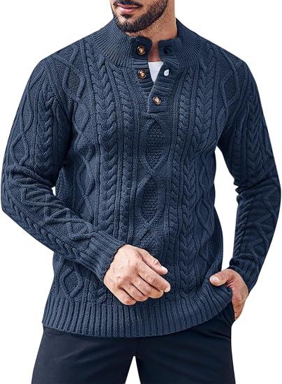 Gafeng Mens Mock Neck Pullover Sweater Casual Slim Fit Cable Knit Button Up Thermal Lightweight Winter Sweaters Knitwear Navy Blue XXL