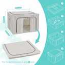 3 Pack Clothes Storage Bins, Foldable Metal Frame Storage Box with Lids,Stackable Linen Fabric Organizer Set with Carrying Handles,Zippers,and Clear Window (Grey Stripe, 66L)