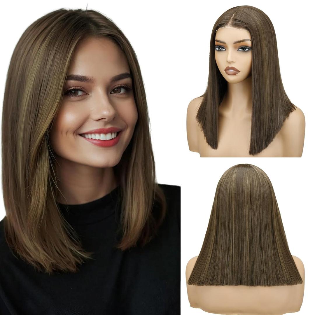 NOSTLAGIA Brown Highlight Bob Wigs Synthetic Lace Front Wig,Mide Part Short Straight Glueless Bob Wig for White Women Daily Use 14 Inch