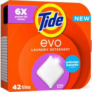 Tide evo Spring Blast Scent Laundry Detergent Fiber Tiles Works on 100% of Common Stains Safe for All Machines and Water Conditions Concentrated HE Compatible Clean and Instant Dissolve, 42 Count