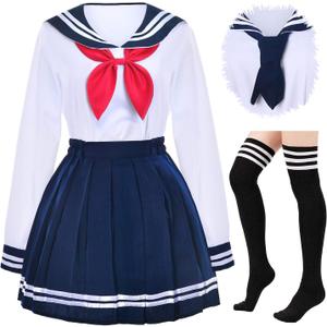 Japanese School Girls Uniform Sailor Navy Blue Pleated Skirt Anime Cosplay Costumes with Socks Set(SSF13) (Medium--Asia L, White and Navy)