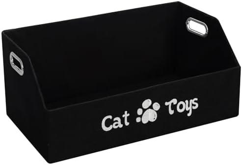 ORGMASTER Cat Toy Basket, Kitten Toys Storage Organizer Foldable Fabric Bin Pet Supplies Chest Holder Trapezoid Container with Metal Handles for Organizing Cats Clothes Accessories, Black