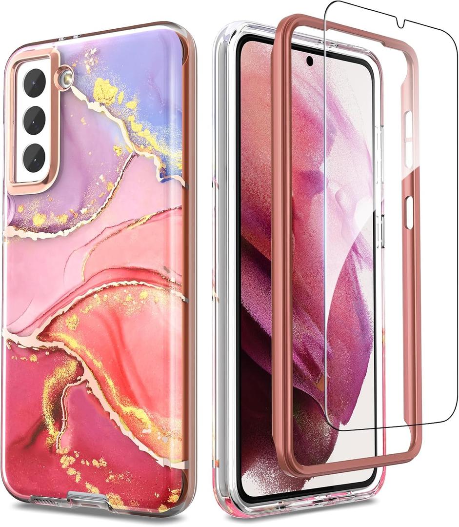 2 x Compatible with Samsung Galaxy S21 Case, Slim Stylish Design for Women, 360 Degree Protection, [with Glass Screen Protector] Dropped 3000 Tests, Pink