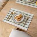 Boho Farmhouse Placemats Set of 6, Green Beige Stripes Cotton Linen Woven Table Mats for Modern Dining Table, 13x19 Inch Rustic Kitchen Decor Place Mats