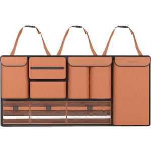Backseat Hanging Organizer with Large Storage Bags | PU Leather, Large Capacity | Adjustable Straps, Waterproof & Collapsible | Universal Fit for SUVs, Sedans & Trucks | Brown, 37.8" x 18.1" - P810