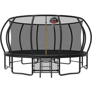 Lyromix 12 14 15 16FT Outdoor Trampolines for Kids and Adults, Pumpkin Trampolin with Curved Poles, Recreational Trampolin with Basketball Hoop and Safety Enclosure Net for Kids and Adults (Black)