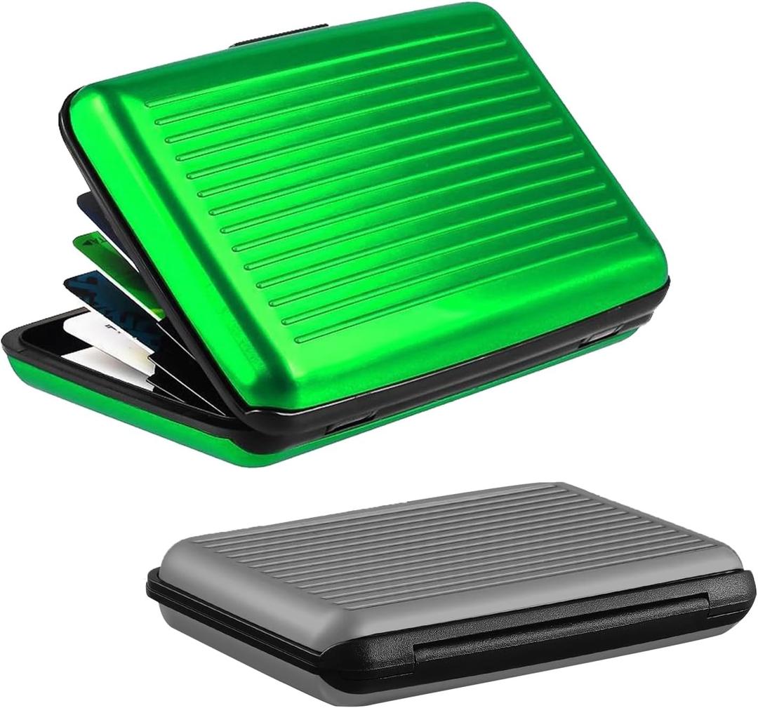 BBTO 2 Pieces Credit Card Holder Slim Mini Rfid Blocking Credit Card Protector Aluminum Business Box Metal ID Organizer Wallet with 6 Slots for Women Men (Green, Gray)