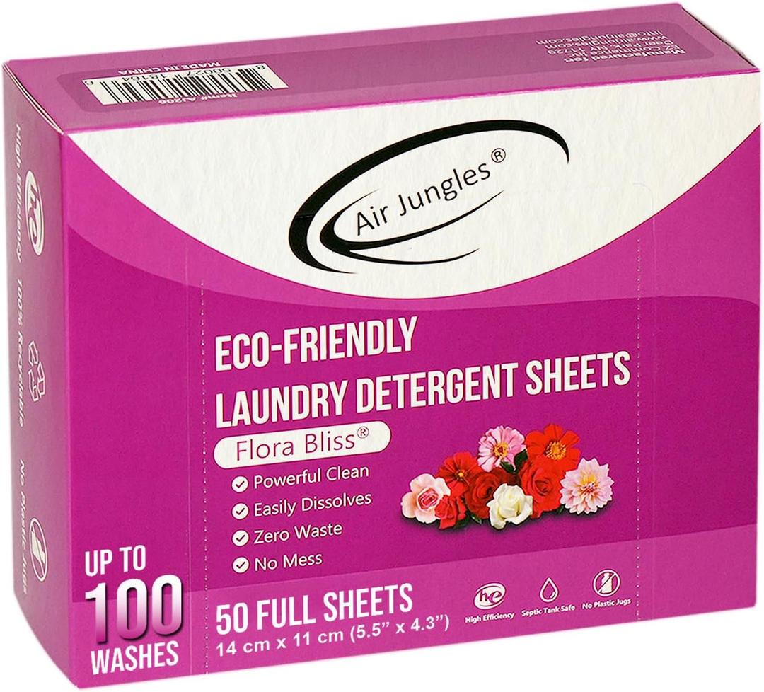 Air Jungles Laundry Detergent Sheets 100 Loads, Flora Bliss Scent, Easy to Use, Zero Waste Solution, Lightweight, Powerful Cleaning, Ideal for Home and Travel, 50 Count