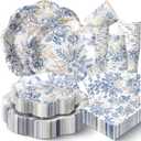 Newtay 250 Pcs Blue Floral Disposable Plates and Napkins Blue Gold Disposable Tableware Set for 50 Guests Paper Plates Napkins Cups for Wedding Bridal Shower Supplies