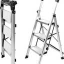 Valeo Aluminium 3 Step Ladder with Retractable Handgrip,Anti-Slip Pedal,330 lbs Capacity,Folding Step Stool for Kitchen, Garage, Home, Space Saving, Sturdy and Portable, Silver