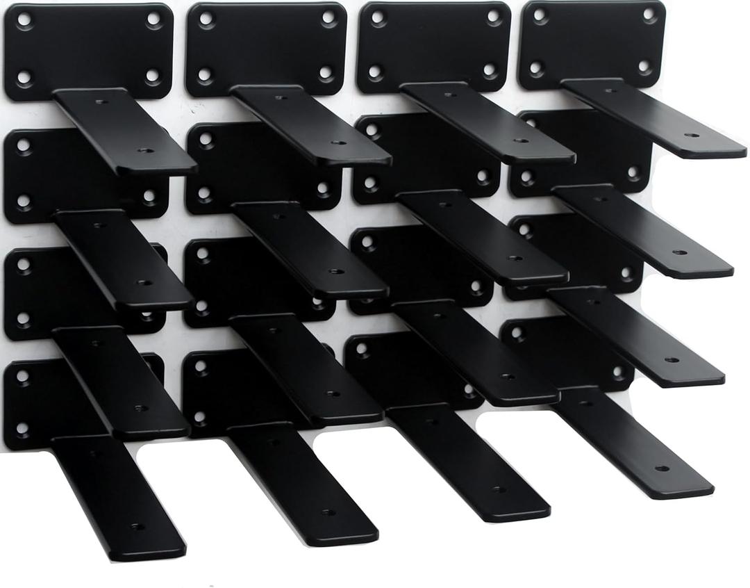 16 Pack - 6 inch Black Hidden L Shelf Bracket (1/5 Inch Thicked) Iron Floating Shelf Brackets Rustic Industrial Metal Brackets for Shelf Support