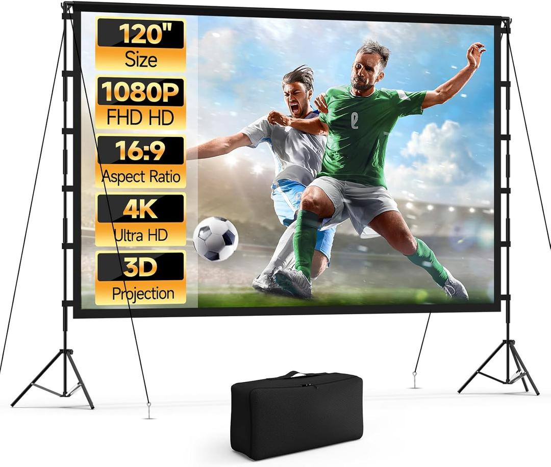 120 Inch Projector Screen with Stand, 16:9 4K HD Portable Projector Screen, Indoor Outdoor Front/Rear with Carry Bag for Home Theater Backyard Camping Movie Night