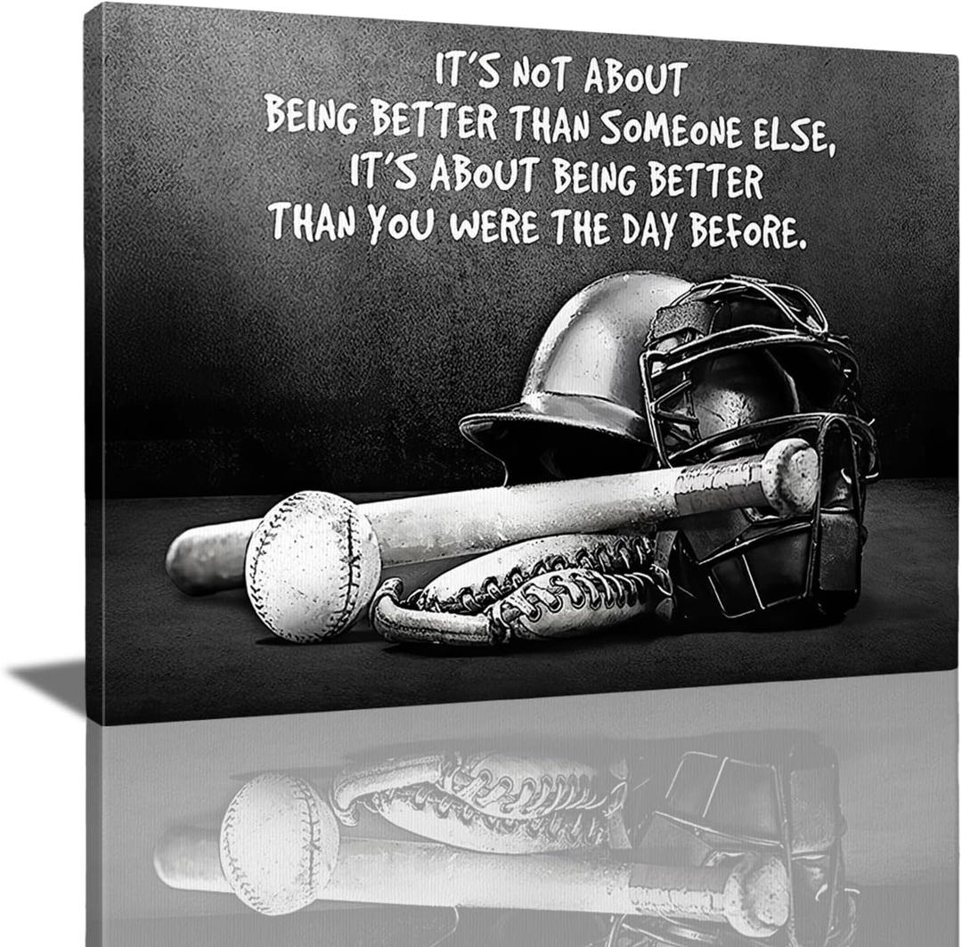 Tourrest Baseball Sports Decor Wall Art Black and White Motivational Pictures Poster Inspirational Canvas Prints Painting Retro Wall Decor Framed Artwork for Bedroom 16"x20"