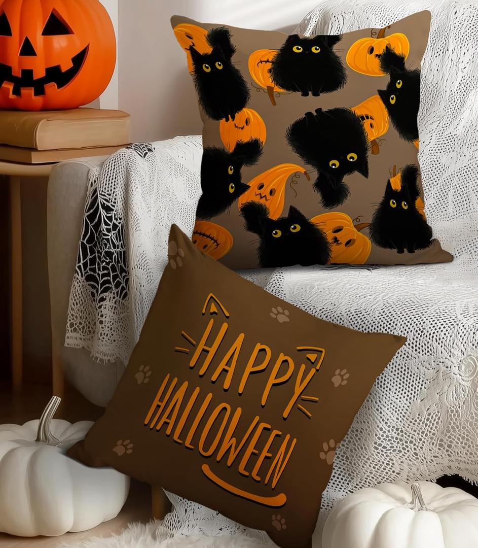 Halloween Pillow Covers 18x18 Set of 2 Throw Pillow Cases Soft Cushion Case Pillowcase for Chair Sofa Bedroom Living Room Home Decor, Cat