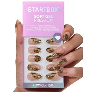 BTArtbox Press On Nails Short - Gold Rush, 3D Sculpting Metallic Almond Press On Nails with Glue and Adhesive Tabs for Women in 16 Sizes - 32 Soft Gel Glue On Nails Kit
