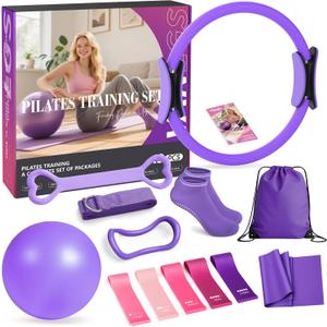 Pilates Kit 13Pcs Home Pilates Essentials Workout Kit with 13" Ring, 10" Ball and Resistance Bands for Women at Home Pilates Equipment Set for BeginnersElectric Purple