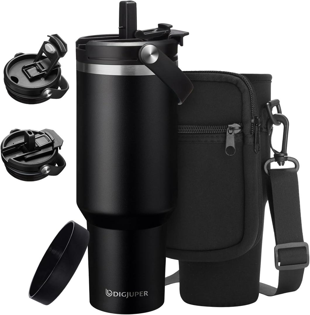 40 oz Tumbler with Handle and Straw- Cold-36h & Hot-12h, Insulated Mug Coffee Tumbler with Straw & Flip Lid, Silicone Protective Boot, Storage Carrier Pouch With Strap, Stainless Steel Water Bottle (Black)