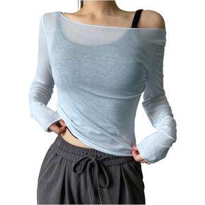 QJQ Women's Sheer Mesh Off The Shoulder Tops Long Sleeve See Through Shirts Going Out Party Club Outfits (Light Blue), Small