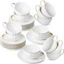 BTaT- Cappuccino Cups with Saucers 7 oz, Set of 12, White Porcelain Coffee Cup and Saucer Set for Latte with Golden Trim Design, Dishwasher Safe, Mocha, Tea, Au Lait, Flat White, Mothers Day Gift