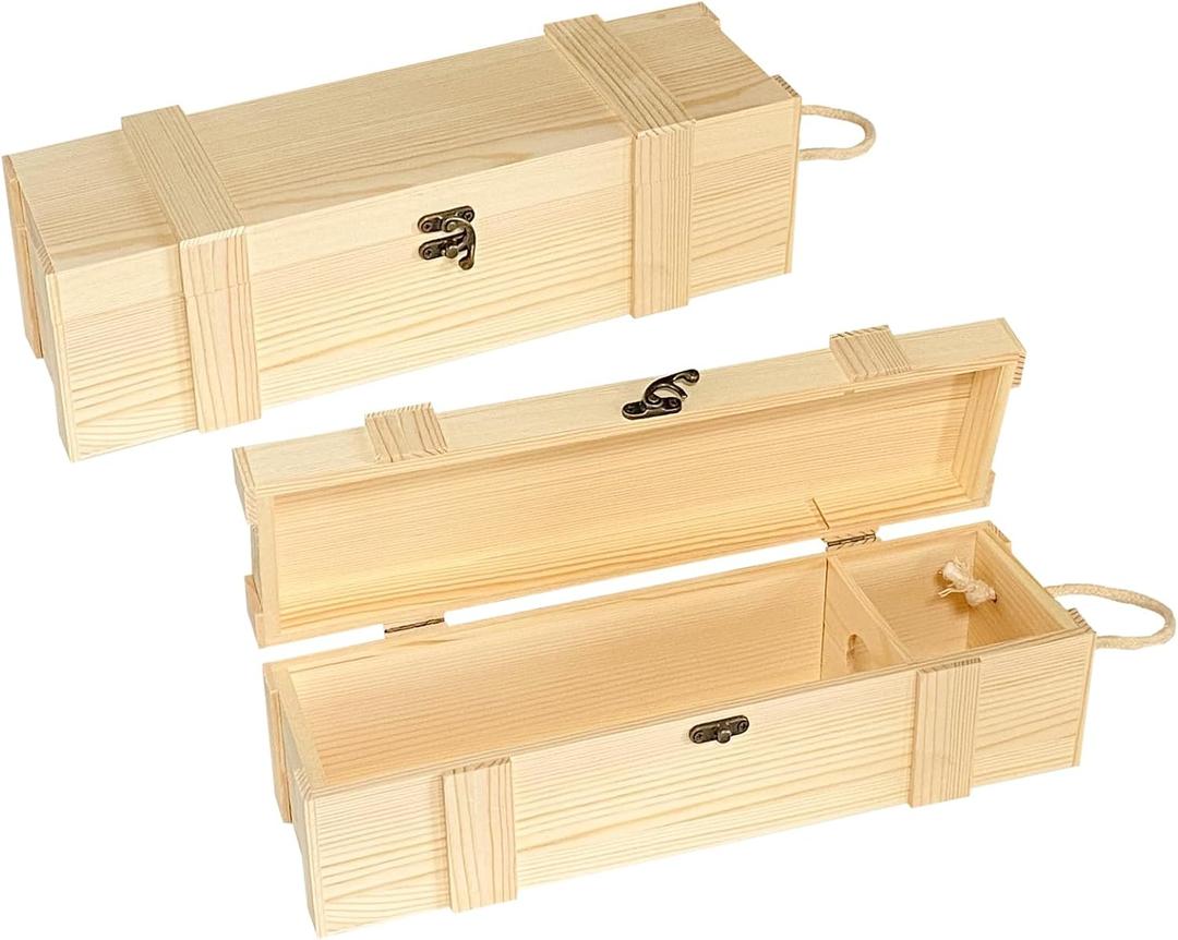 2 Pack Wooden Wine Box for Single Bottle Unfinished Wood Nautical box for Wine Natural Wood Case with Twine Handle for Crafts Gifts