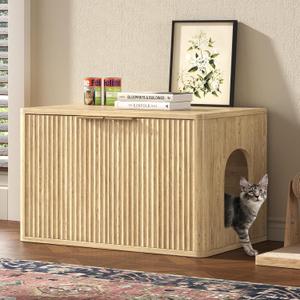31.5" Oak Cat Litter Box Enclosure Furniture, Large Decorative Hidden Litter Box Cabinet, Fluted Modern Bohemia Kitty End Table for Living Rooms, Entryways, or Bedrooms (Natural)