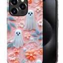 Case for iPhone 15 Pro,Shockproof Hard Shell + Soft Silicone 2 in 1 Hybrid,Shockproof Bumper Drop Protective - Halloween Pink Ghost Floral