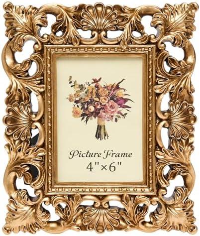 JANDERART 4x6 Inch Vintage Picture Frame, Antique Ornate Photo Frames with Glass Front, Retro Carving, Tabletop & Wall Hanging, Photo Display, Gold