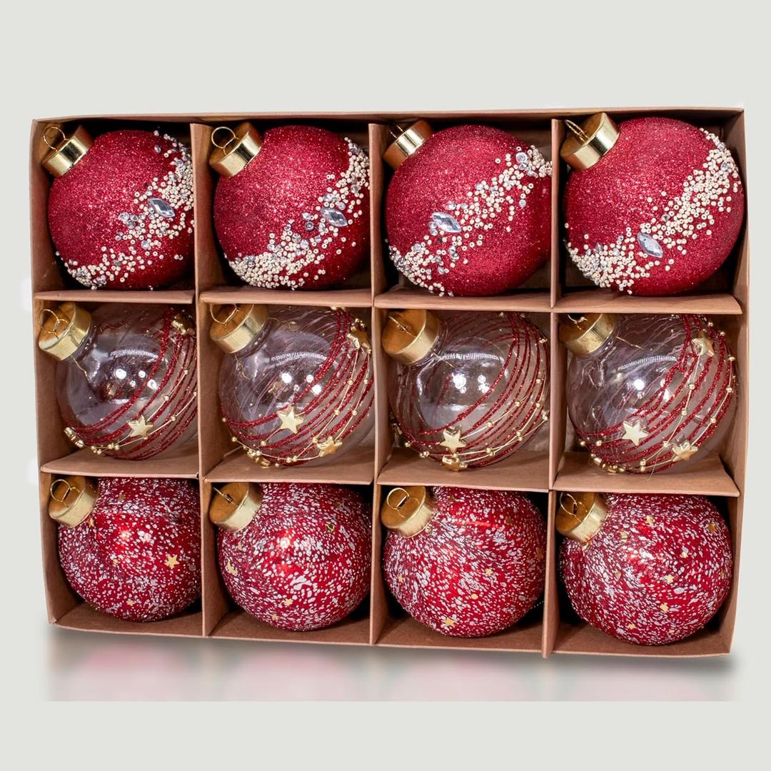 12PCS Red Glitter Christmas Tree Ornaments  3.15 Shatterproof Baubles with Clear Sparkly Sequin & Star Accents, Holiday Ball Decorations for Xmas Tree, Party & Home Dcor (Burgundy Red)