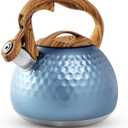 Stainless Steel Tea Kettle Blue, Teapot 3.2 Quart Whistling Tea Kettle, Tea Pots for Stove Top with Wood Pattern Handle, Gas Electric Applicable